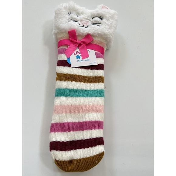 LIMITED TOO Girl Slipper Socks Multicolor White Acrylic Fleece Lined Cat OneSize - Picture 1 of 16